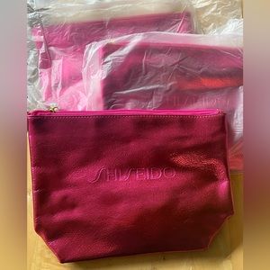 3x SHISEIDO Makeup Cosmetic Toiletry Bag Pouch Metallic Magenta Travel Purse